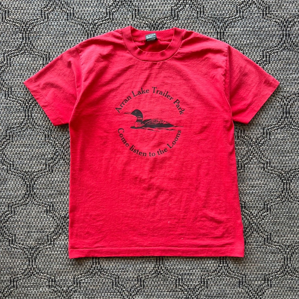 Vintage Loon T-Shirt Mens Large Red Lake Trailer Park Outdoors Camping Nature